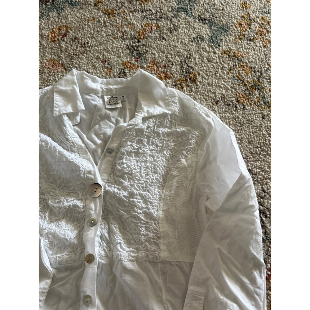 Parsley & Sage White Cotton Crinkle Embroidered Tunic Button Front Top Medium